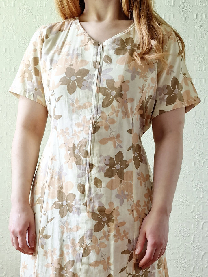 Vintage 90s Beige Floral Short Sleeve Dress - M