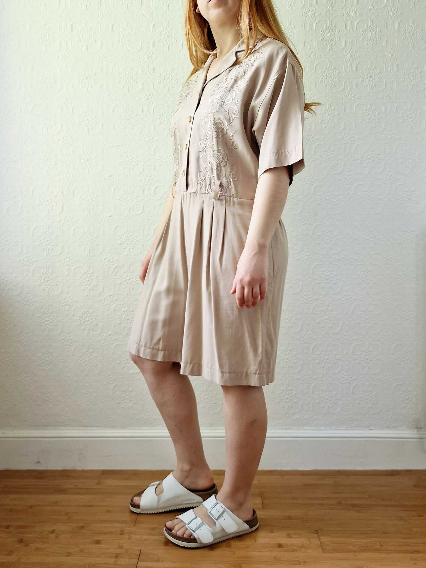 Vintage 80s Taupe Embroidered Playsuit with Short Sleeves - M