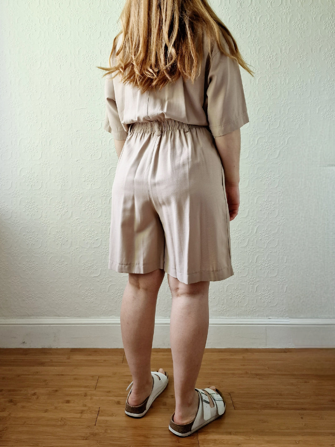 Vintage 80s Taupe Embroidered Playsuit with Short Sleeves - M