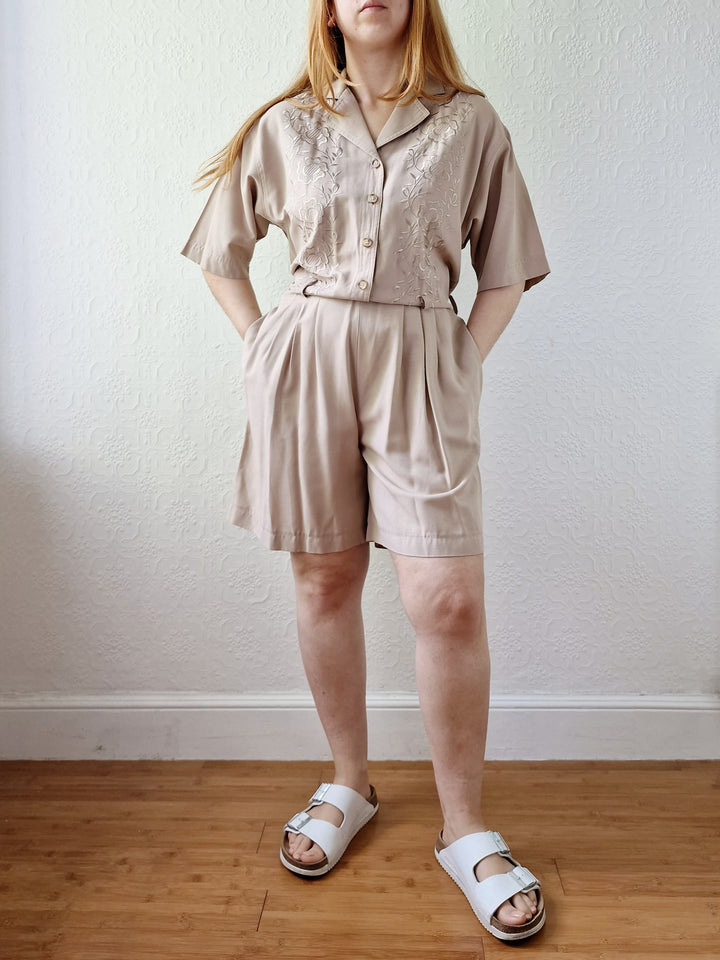 Vintage 80s Taupe Embroidered Playsuit with Short Sleeves - M