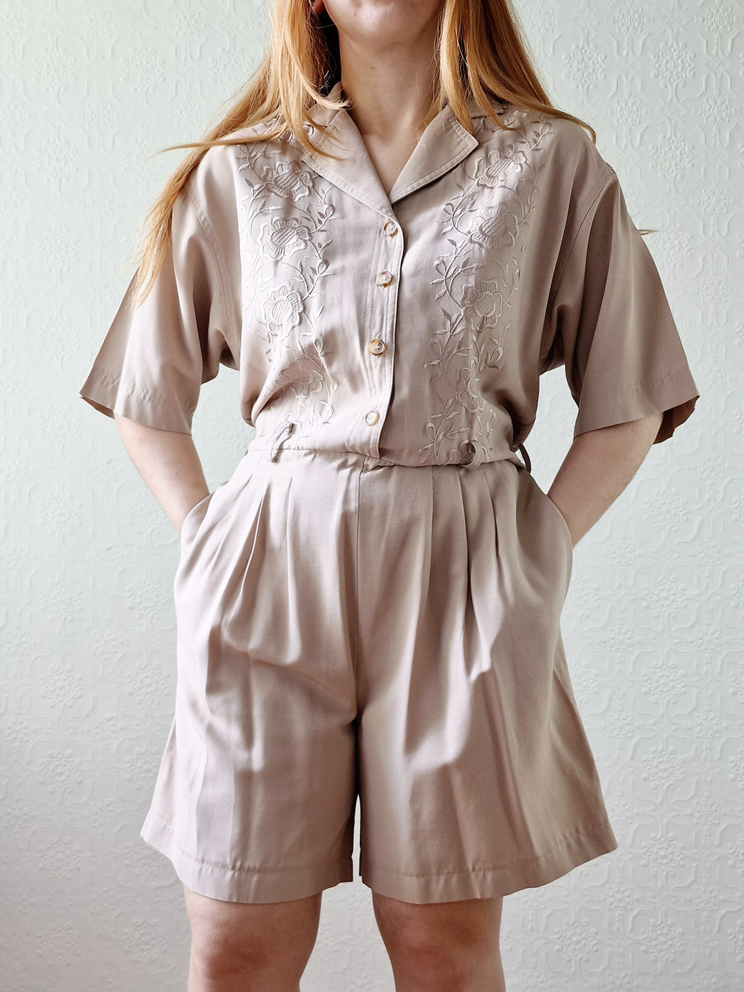 Vintage 80s Taupe Embroidered Playsuit with Short Sleeves - M