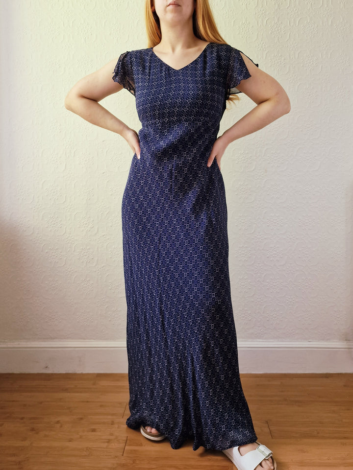 Vintage 90s Navy Blue Short Sleeve Maxi Dress - S/M