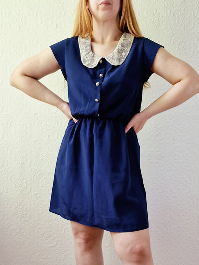 Vintage Navy Blue Cap Sleeve Dress with Lacy Peter Pan Collar - S
