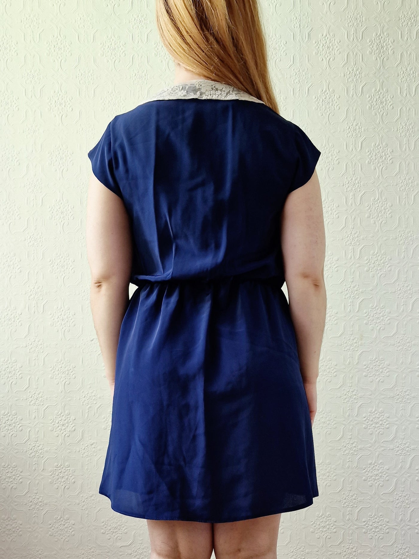 Vintage Navy Blue Cap Sleeve Dress with Lacy Peter Pan Collar - S