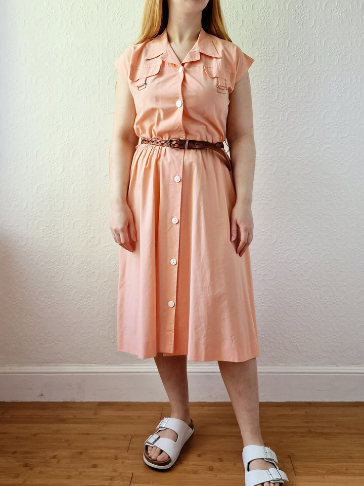 Vintage 80s Peach Cap Sleeve Shirt Dress - M