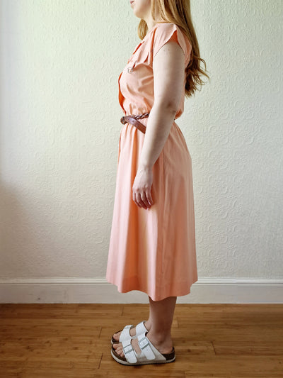 Vintage 80s Peach Cap Sleeve Shirt Dress - M