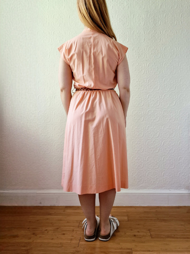 Vintage 80s Peach Cap Sleeve Shirt Dress - M