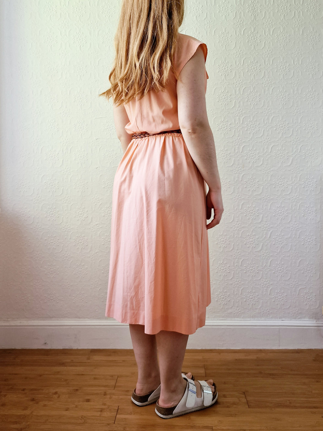 Vintage 80s Peach Cap Sleeve Shirt Dress - M