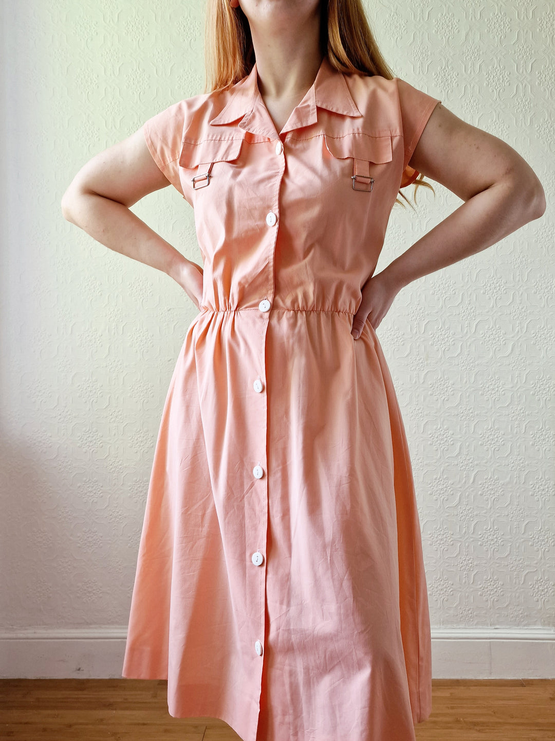 Vintage 80s Peach Cap Sleeve Shirt Dress - M