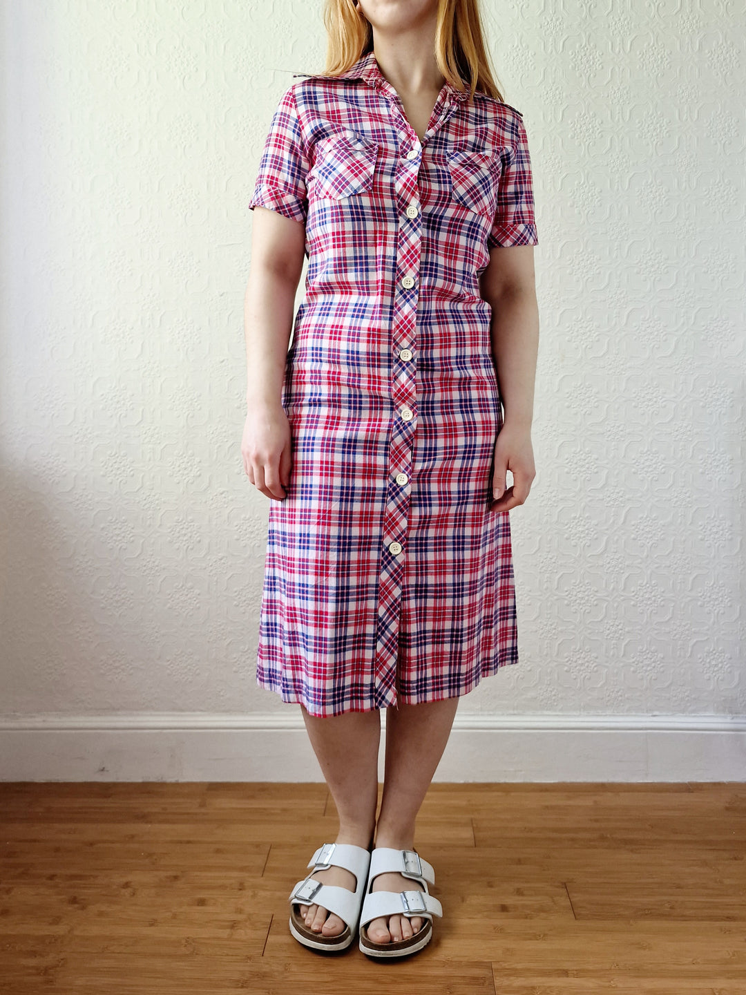 Vintage 70s Blue & Red Check Short Sleeve Shirt Dress - S