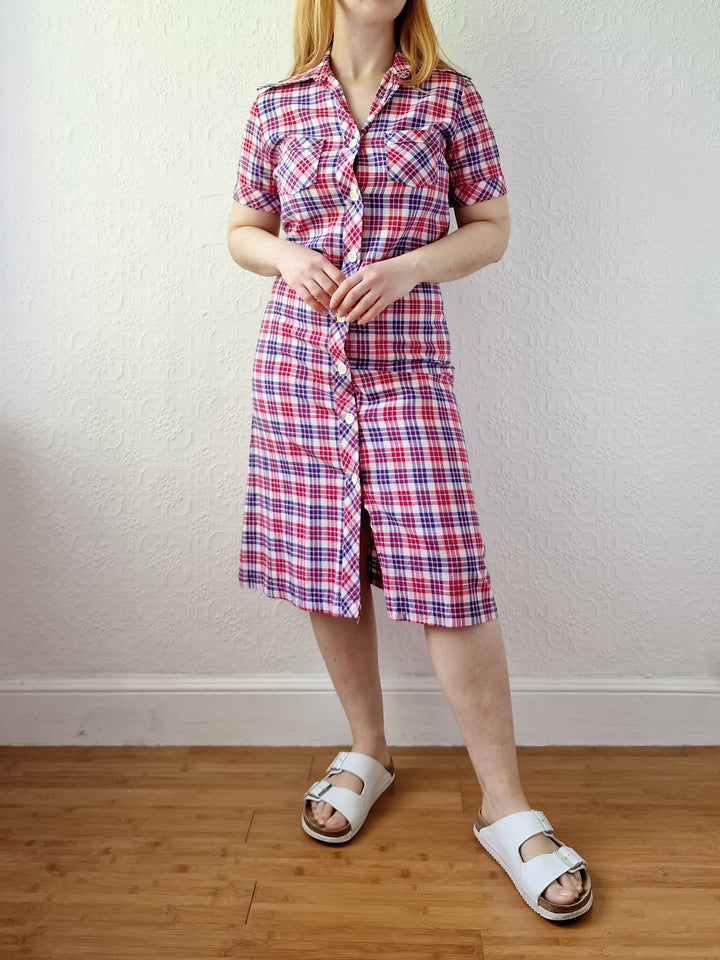 Vintage 70s Blue & Red Check Short Sleeve Shirt Dress - S