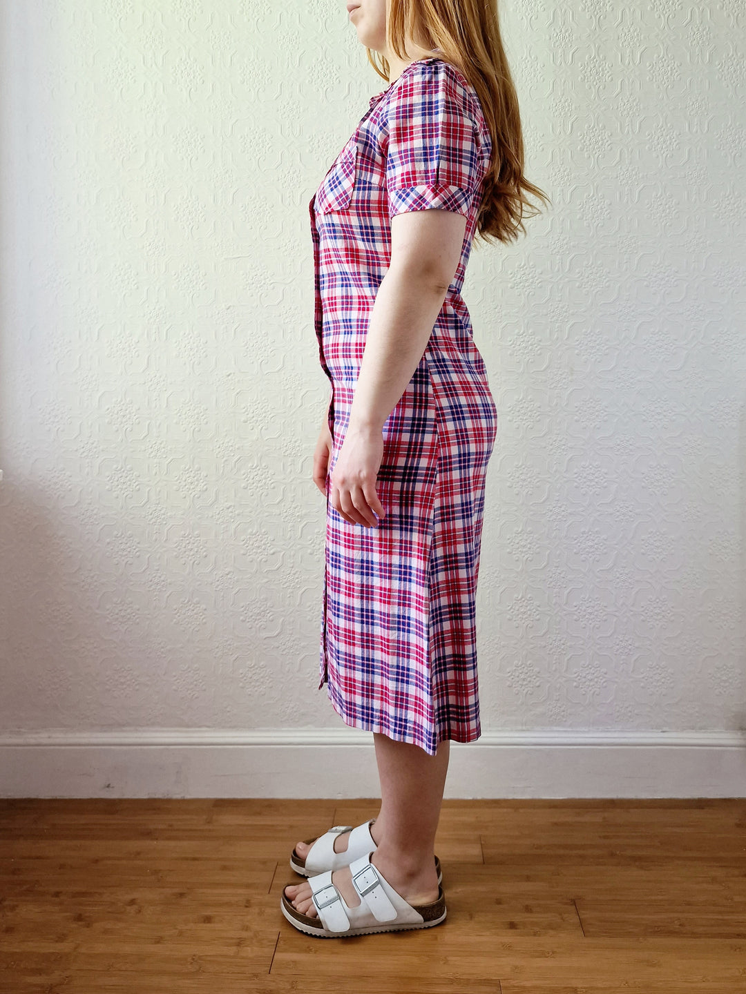 Vintage 70s Blue & Red Check Short Sleeve Shirt Dress - S