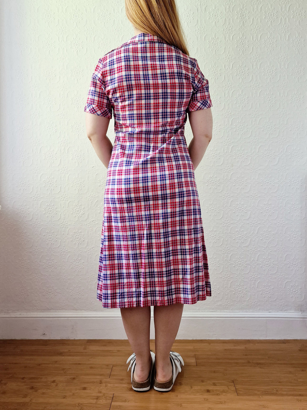 Vintage 70s Blue & Red Check Short Sleeve Shirt Dress - S