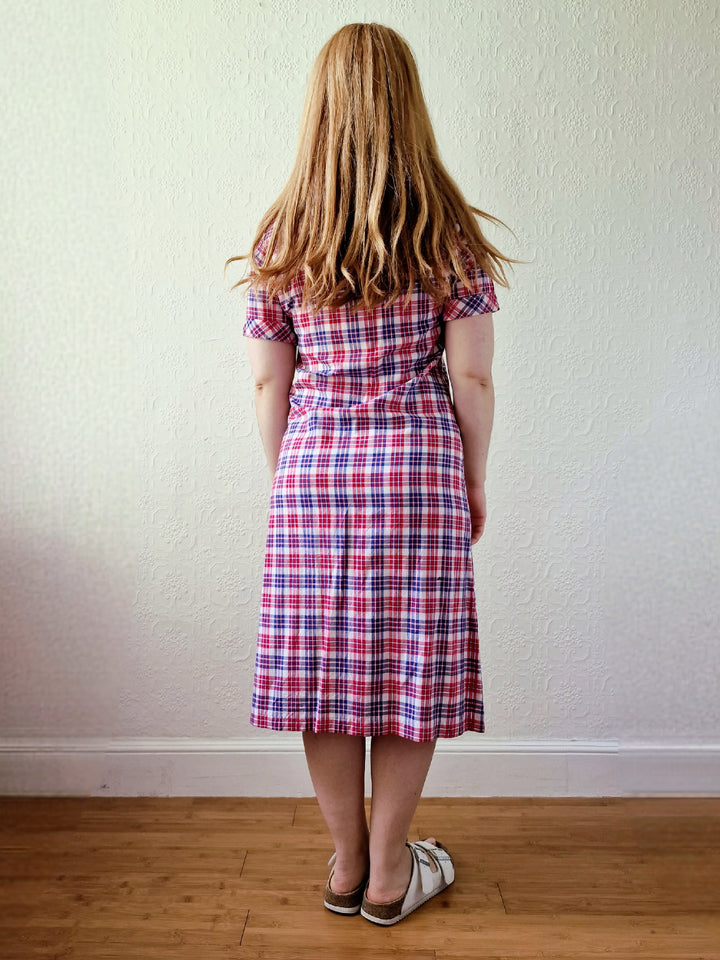 Vintage 70s Blue & Red Check Short Sleeve Shirt Dress - S