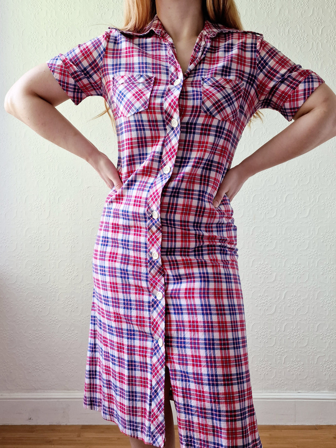 Vintage 70s Blue & Red Check Short Sleeve Shirt Dress - S