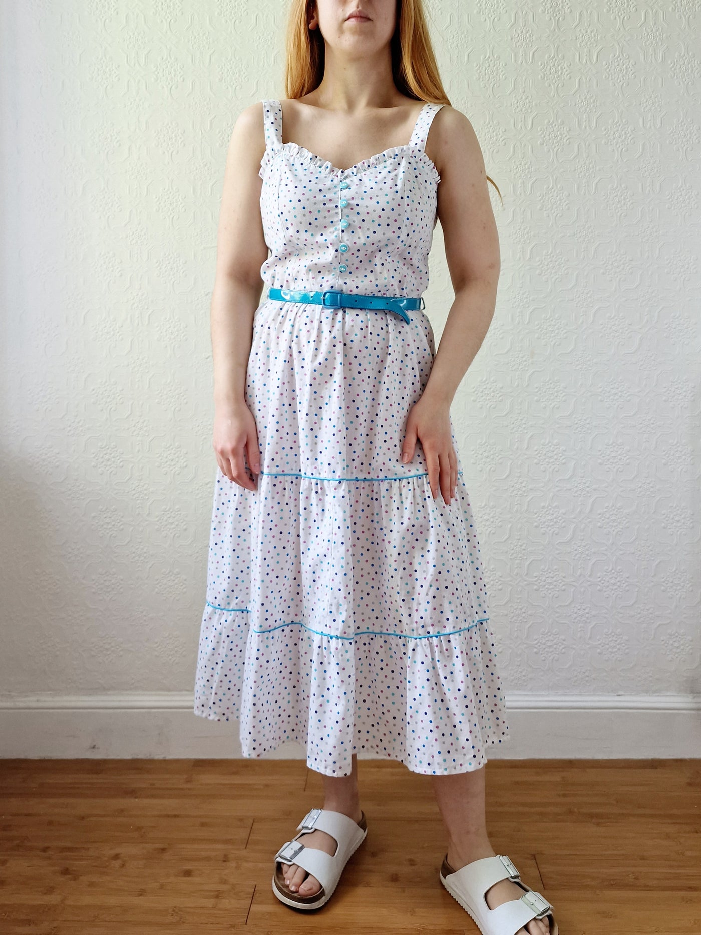 Vintage 80s White Sleeveless Sundress with Blue Polka Dots - XS/S