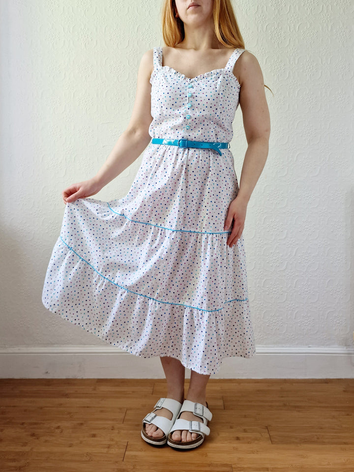 Vintage 80s White Sleeveless Sundress with Blue Polka Dots - XS/S