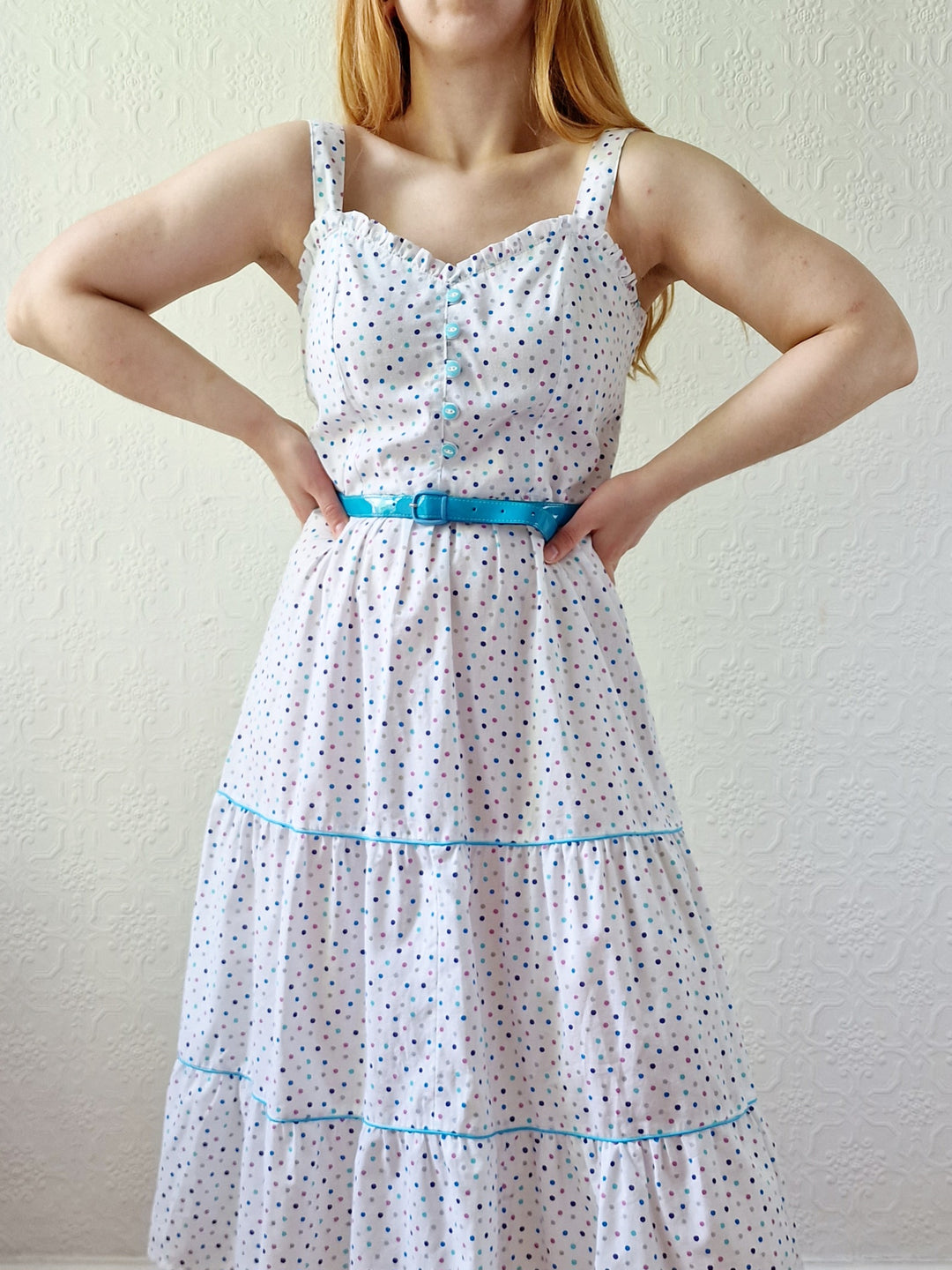 Vintage 80s White Sleeveless Sundress with Blue Polka Dots - XS/S