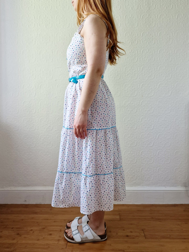 Vintage 80s White Sleeveless Sundress with Blue Polka Dots - XS/S