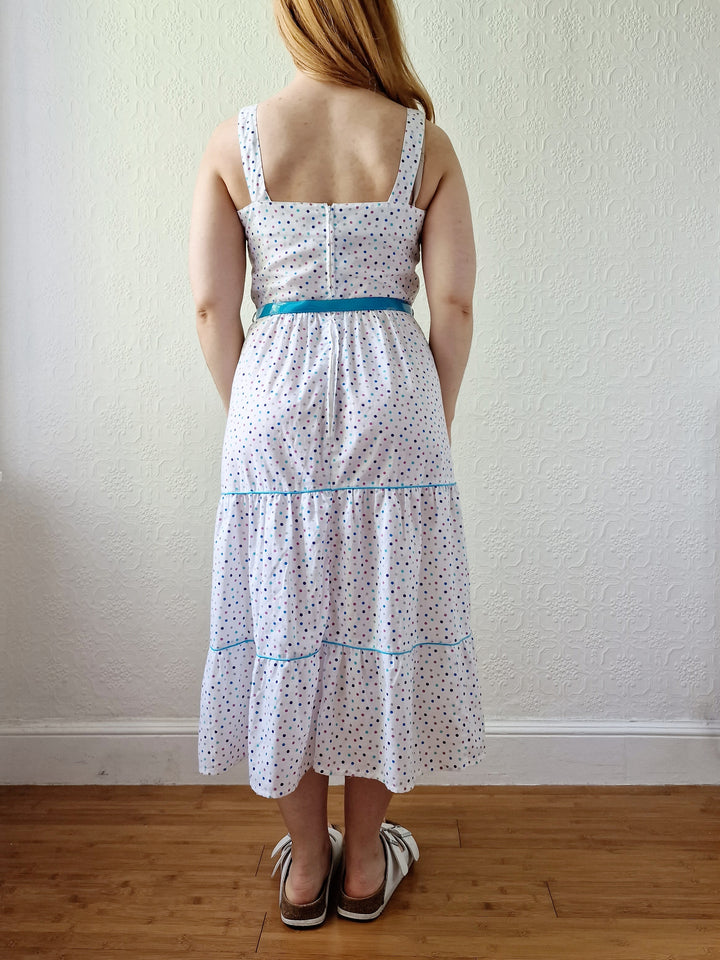 Vintage 80s White Sleeveless Sundress with Blue Polka Dots - XS/S