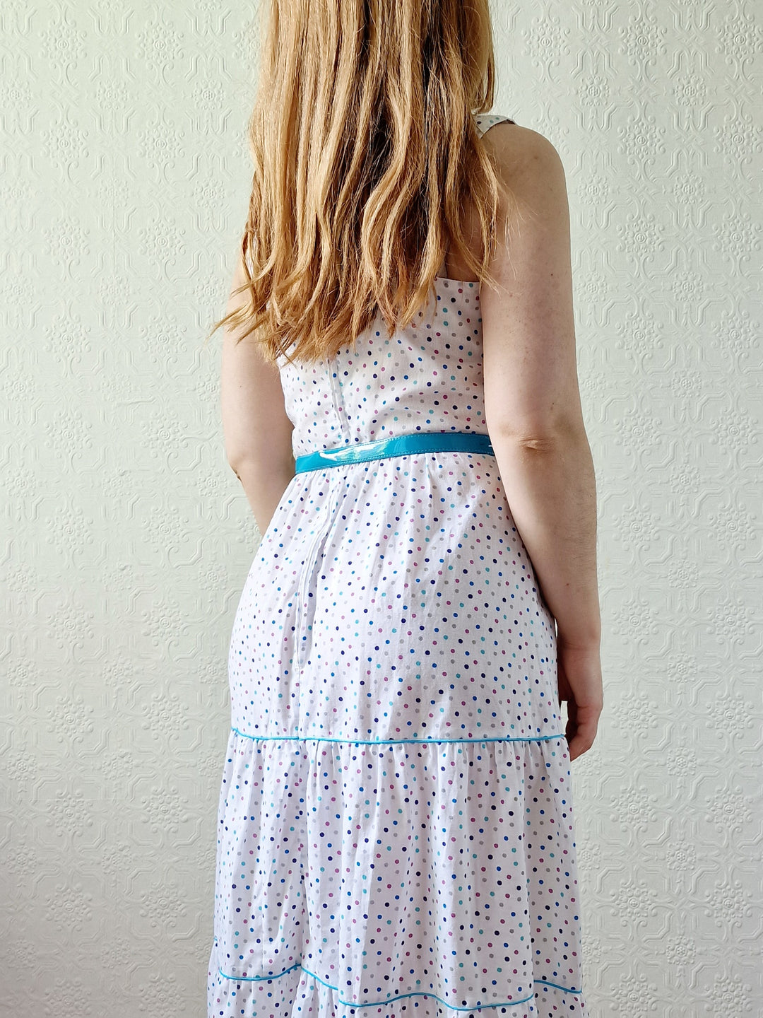 Vintage 80s White Sleeveless Sundress with Blue Polka Dots - XS/S