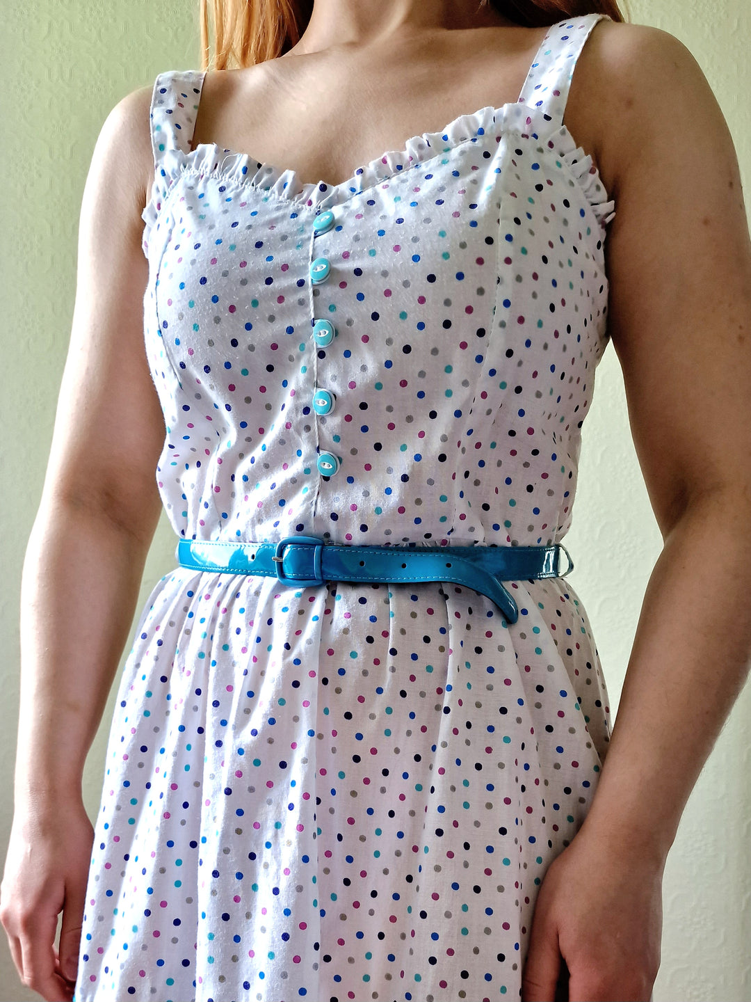 Vintage 80s White Sleeveless Sundress with Blue Polka Dots - XS/S