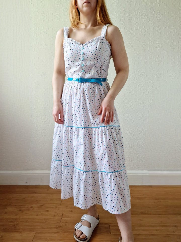 Vintage 80s White Sleeveless Sundress with Blue Polka Dots - XS/S