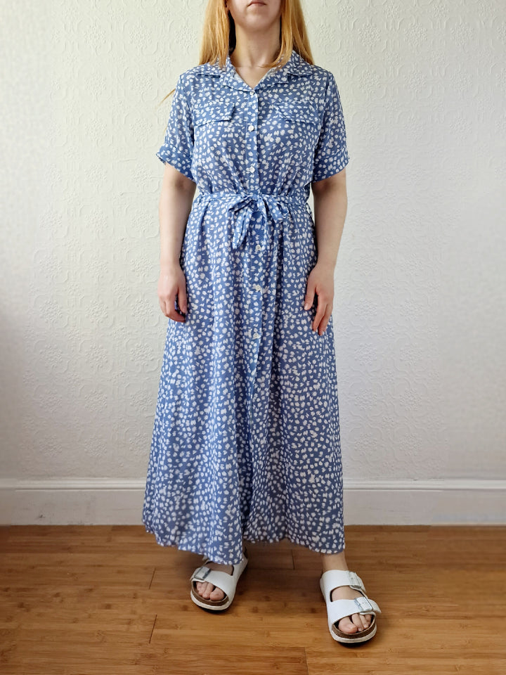 Vintage 90s Blue & White Short Sleeve Midi Dress - M