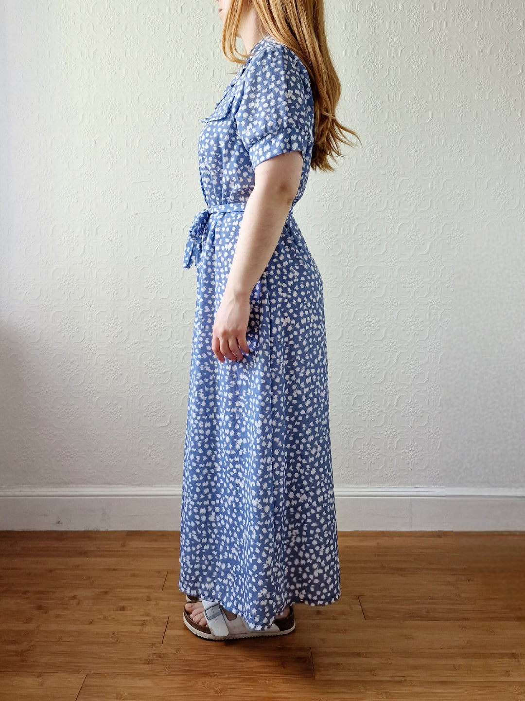 Vintage 90s Blue & White Short Sleeve Midi Dress - M