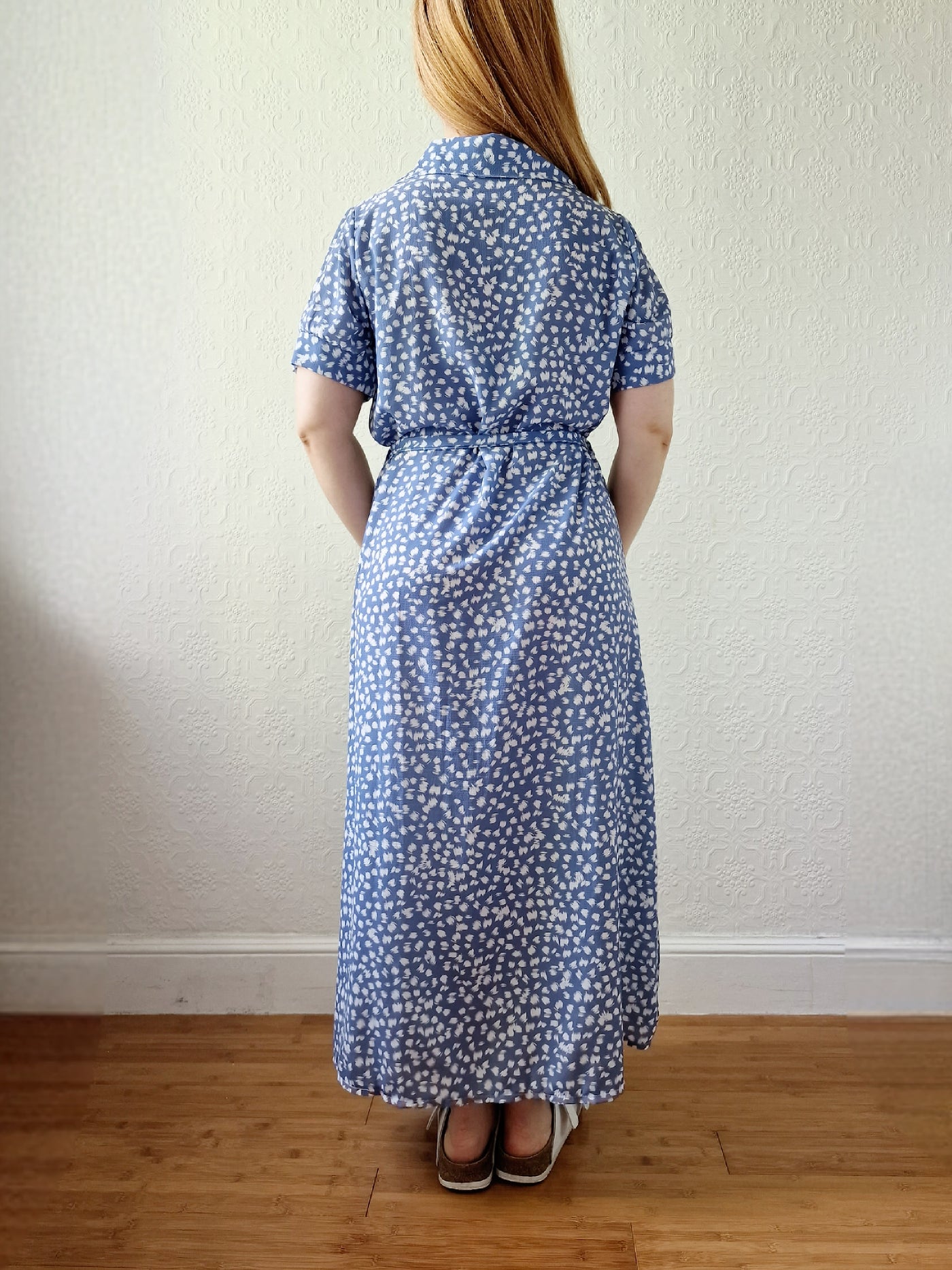 Vintage 90s Blue & White Short Sleeve Midi Dress - M
