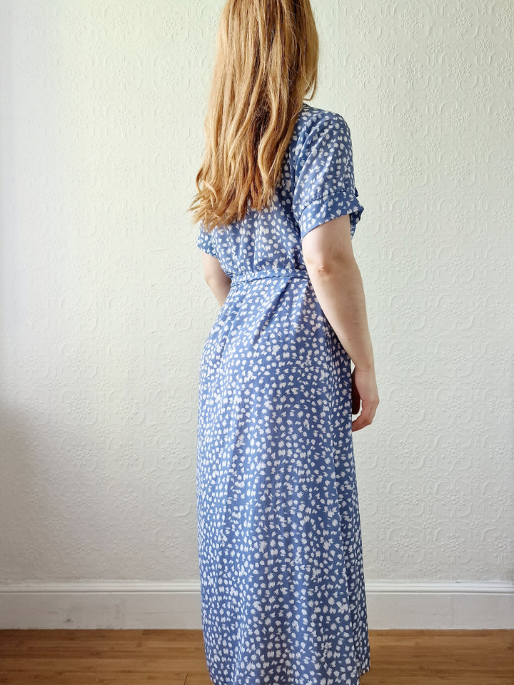 Vintage 90s Blue & White Short Sleeve Midi Dress - M