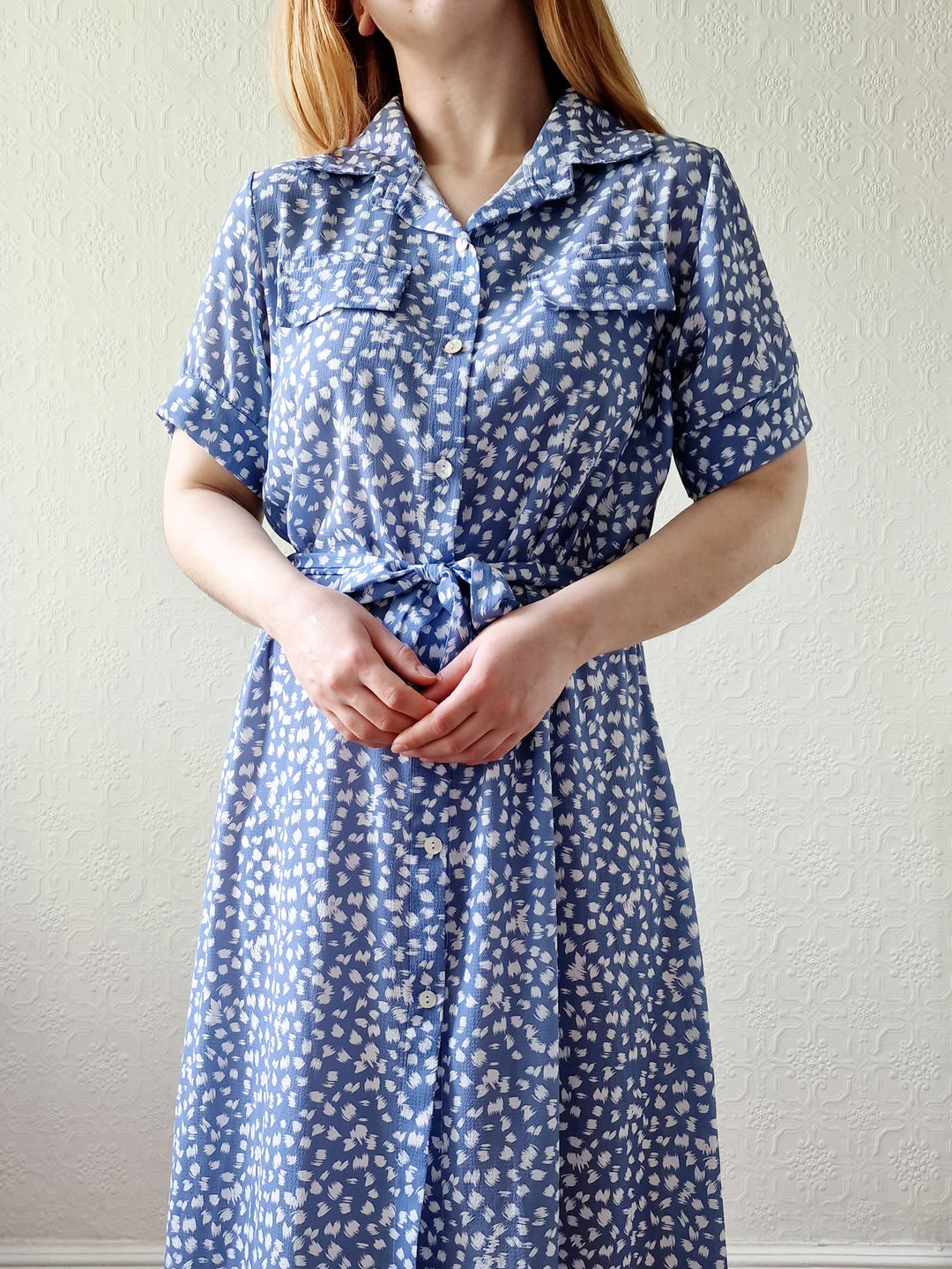 Vintage 90s Blue & White Short Sleeve Midi Dress - M