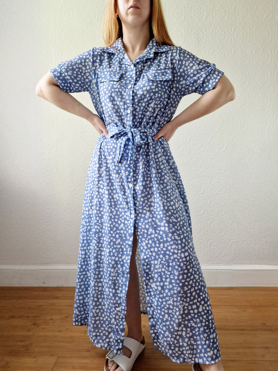 Vintage 90s Blue & White Short Sleeve Midi Dress - M