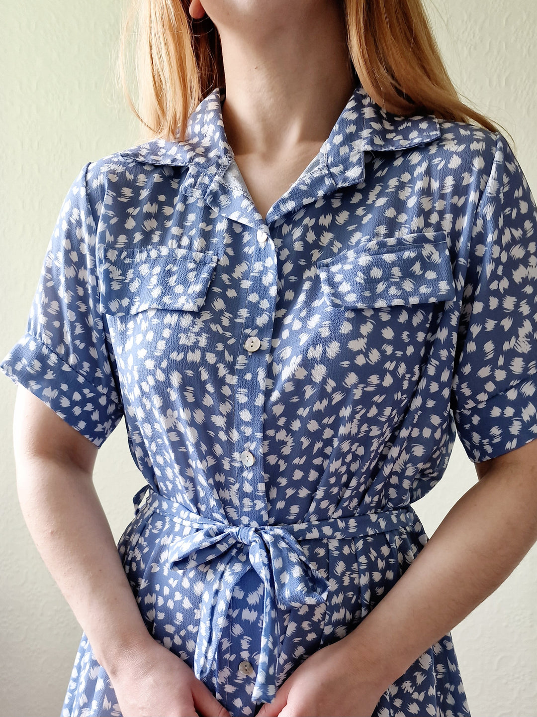 Vintage 90s Blue & White Short Sleeve Midi Dress - M