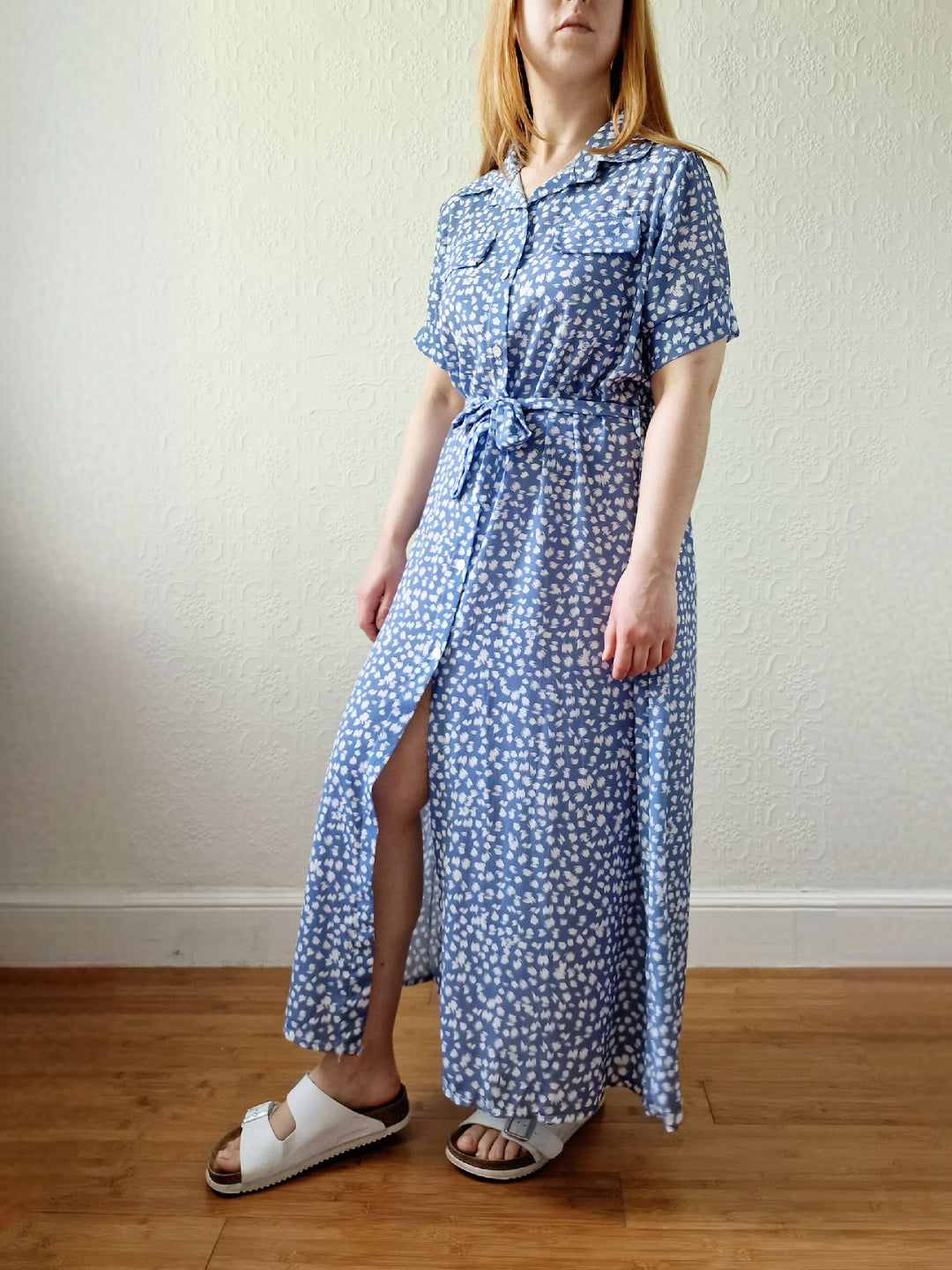 Vintage 90s Blue & White Short Sleeve Midi Dress - M