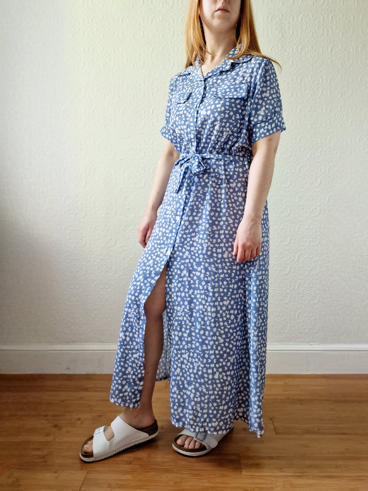 Vintage 90s Blue & White Short Sleeve Midi Dress - M