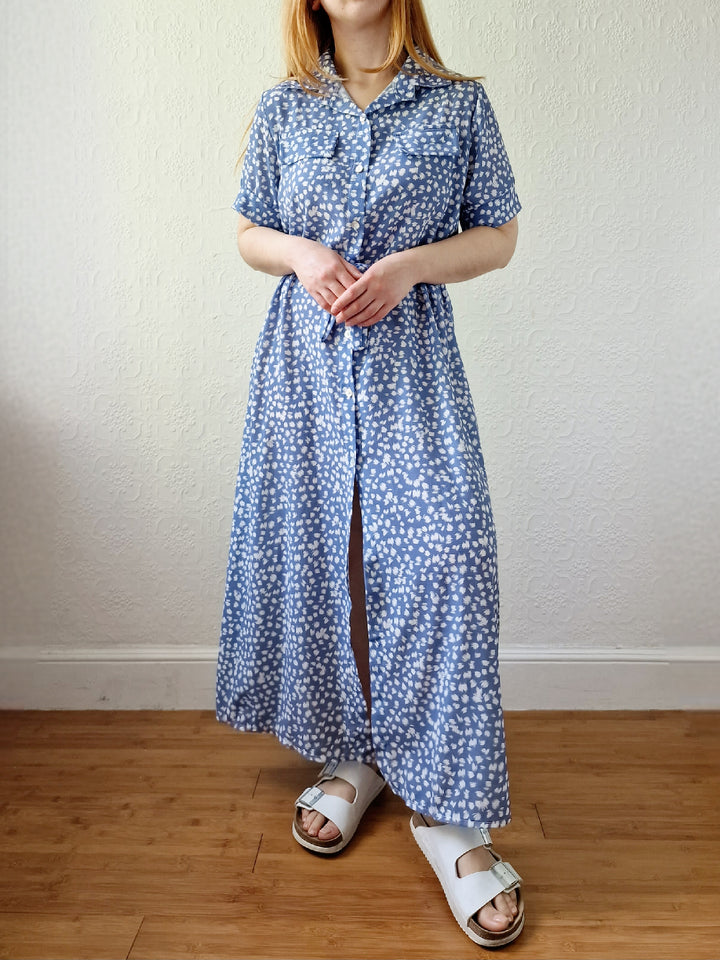 Vintage 90s Blue & White Short Sleeve Midi Dress - M