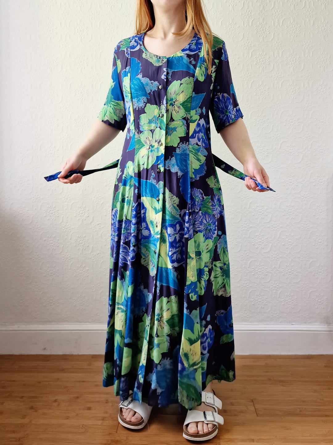 Vintage 90s Green & Blue Floral Dress with Short Sleeves - XL