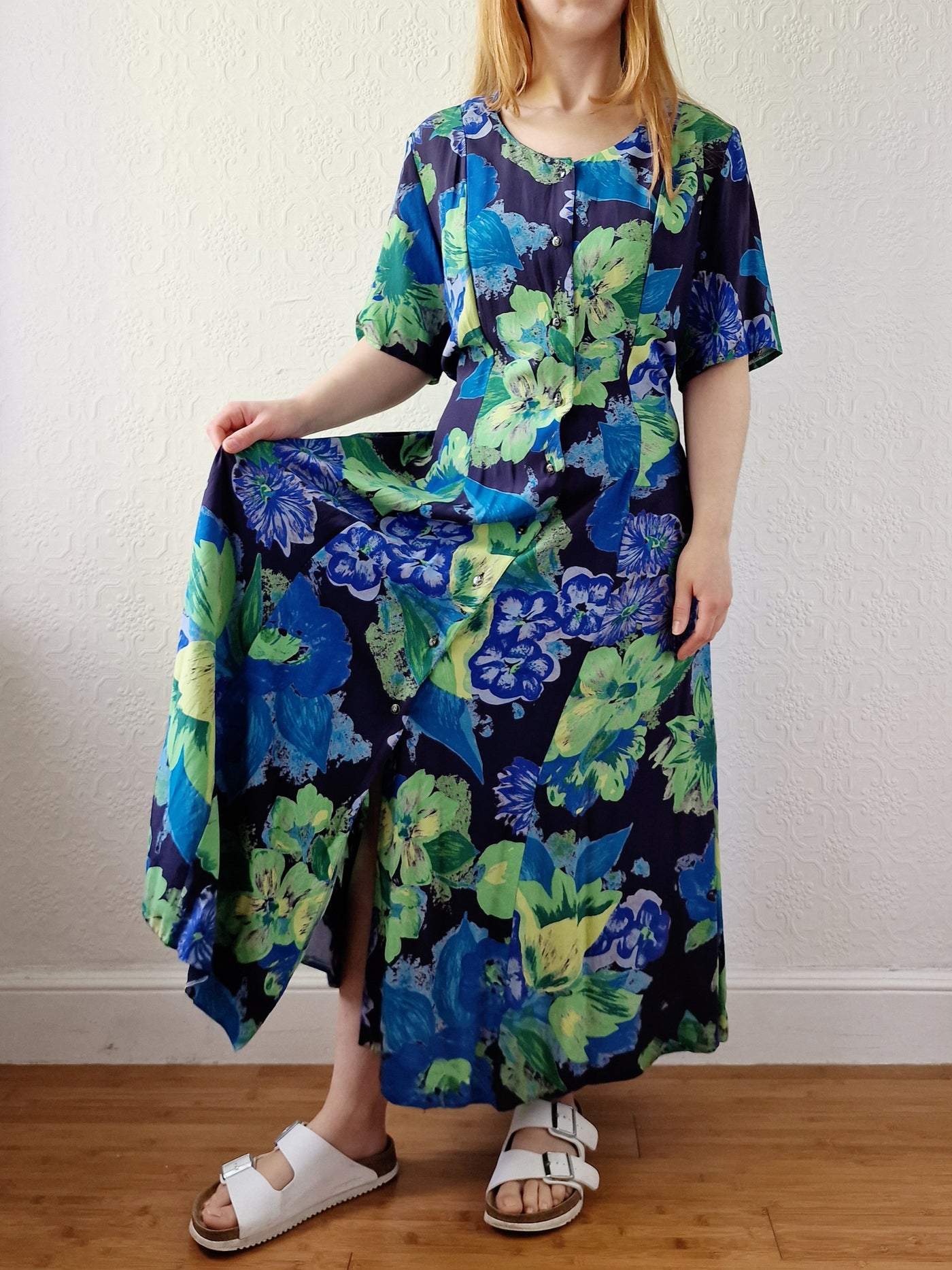 Vintage 90s Green & Blue Floral Dress with Short Sleeves - XL