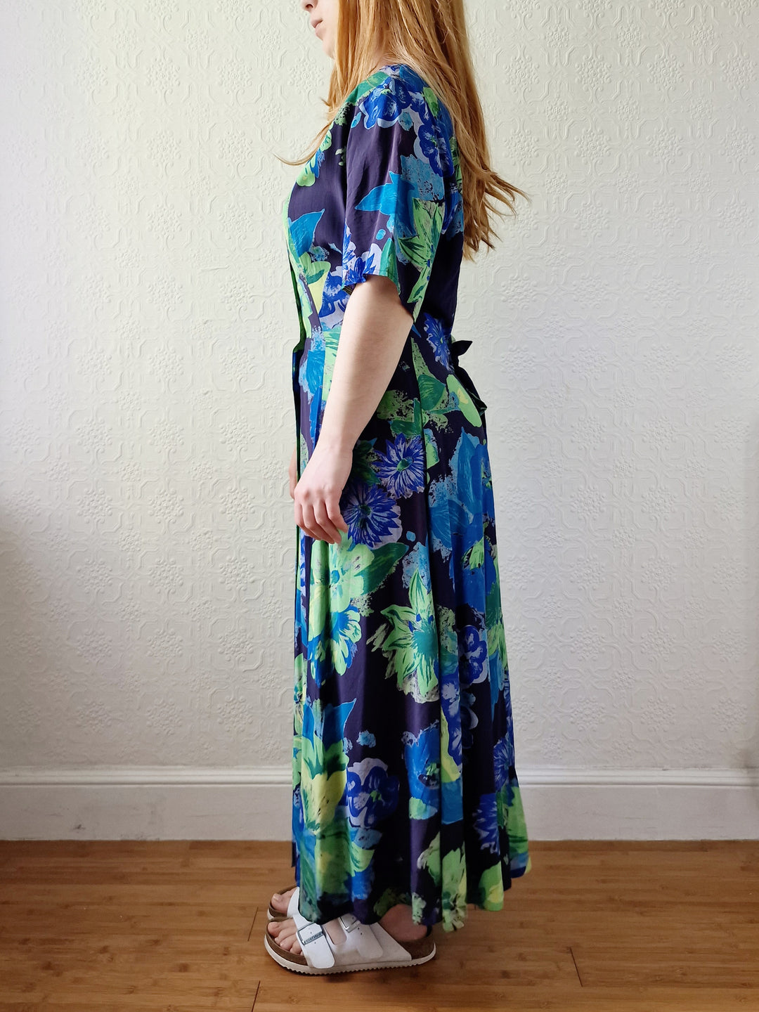 Vintage 90s Green & Blue Floral Dress with Short Sleeves - XL