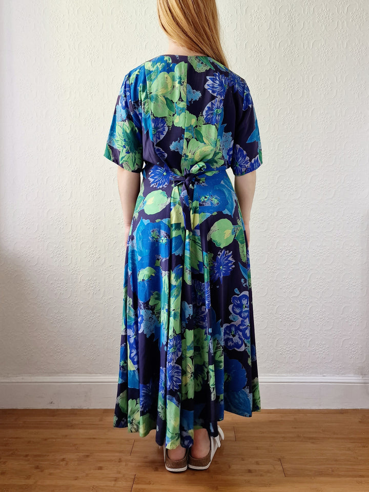 Vintage 90s Green & Blue Floral Dress with Short Sleeves - XL