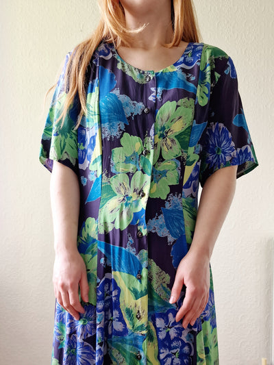 Vintage 90s Green & Blue Floral Dress with Short Sleeves - XL