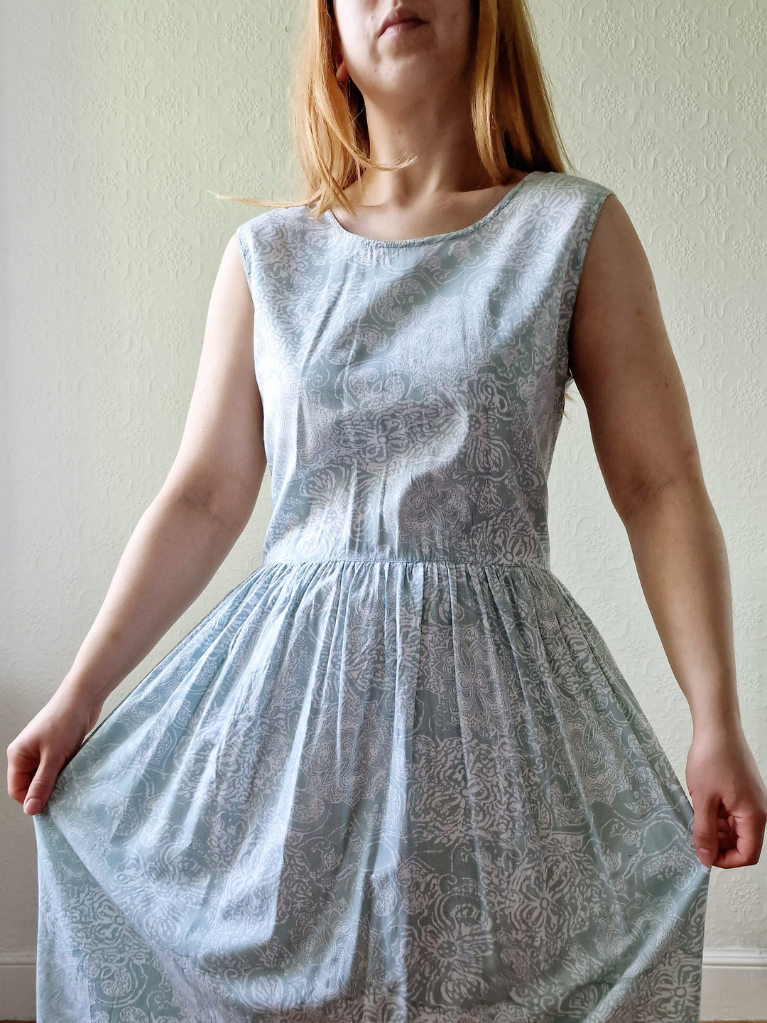 Vintage 90s Mint Sleeveless Patterned Dress - M