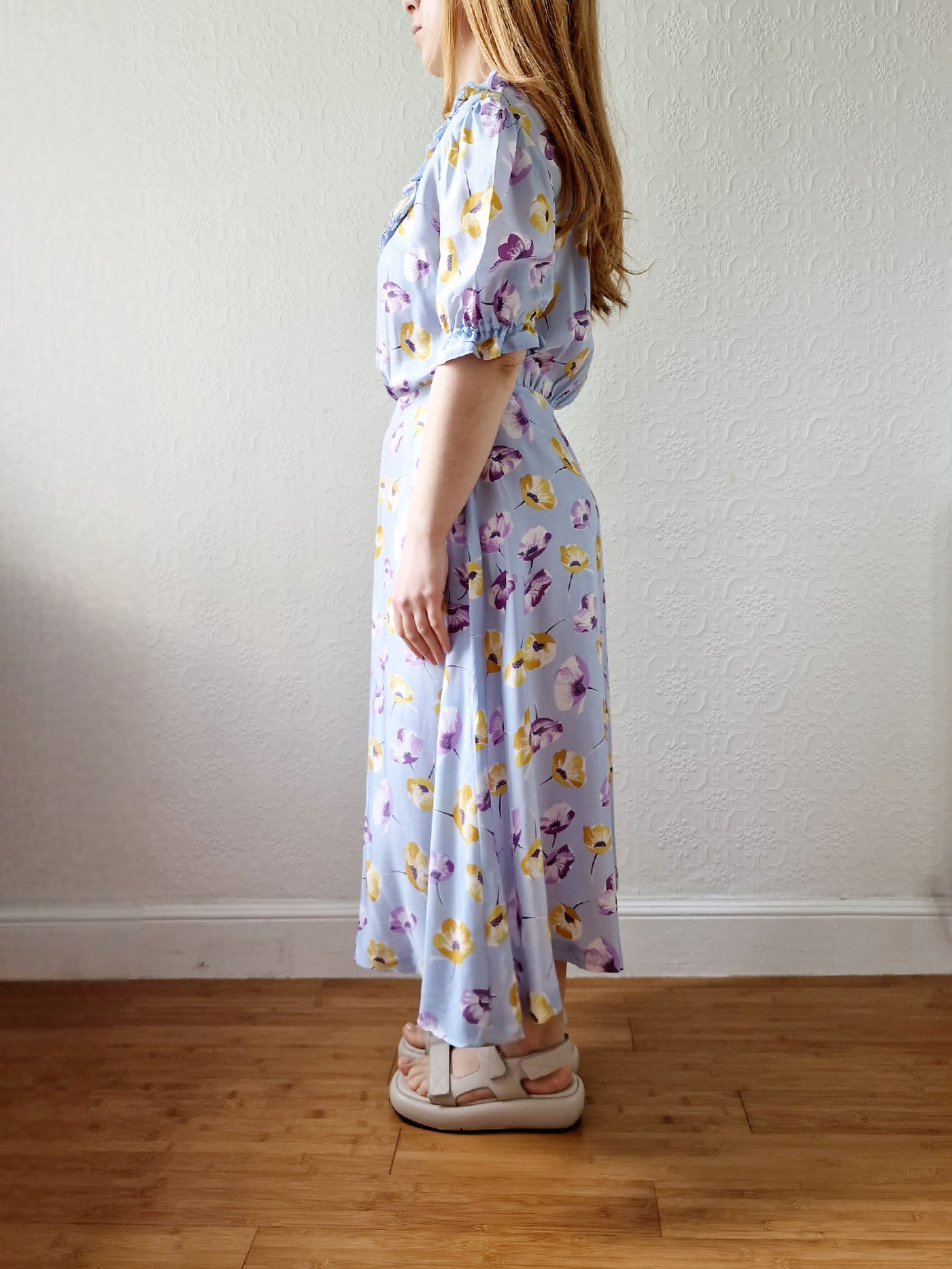 Vintage 70s Light Blue Floral Dress with Puff Sleeves - S