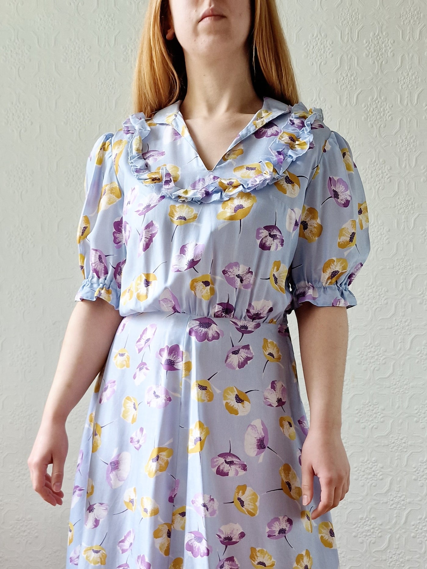Vintage 70s Light Blue Floral Dress with Puff Sleeves - S/M