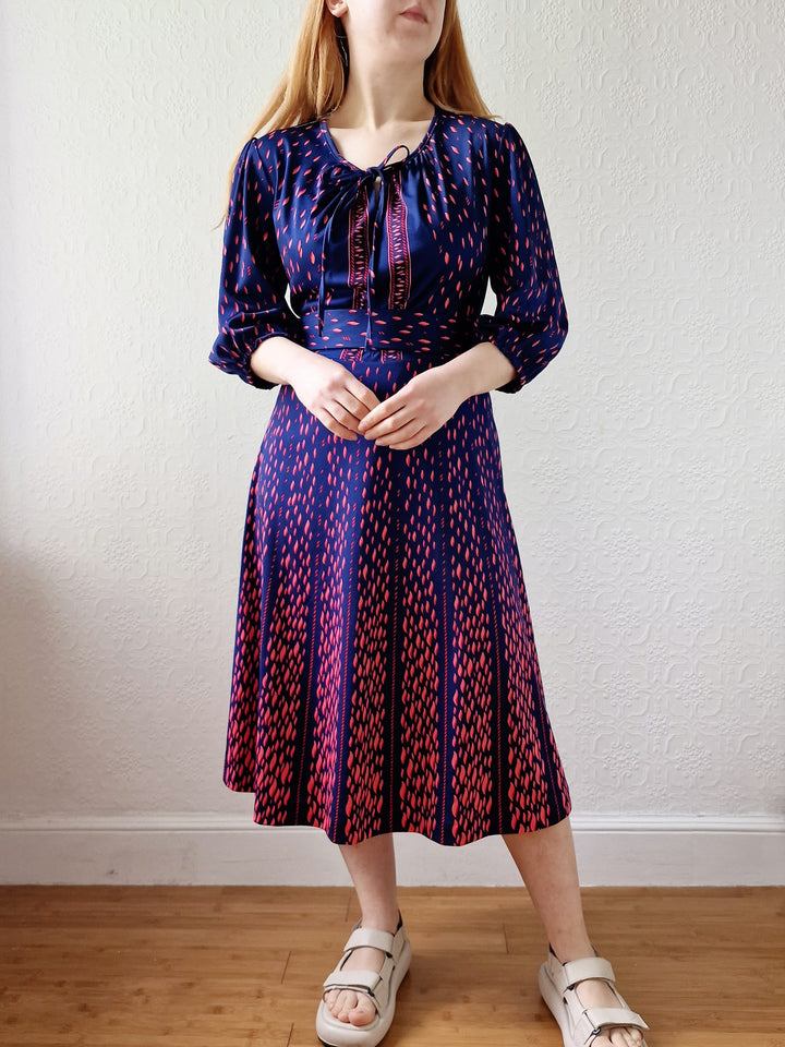 Vintage 70s Navy Blue Midi Dress with Puff Sleeves - S/M