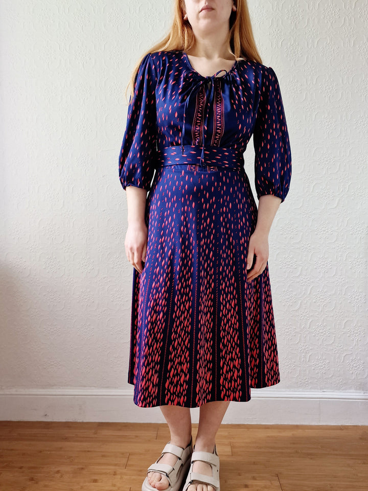 Vintage 70s Navy Blue Midi Dress with Puff Sleeves - S/M