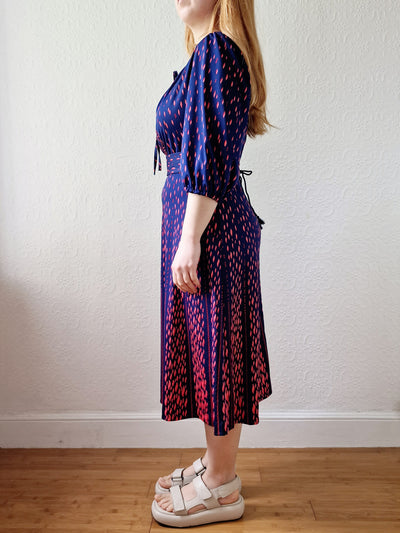 Vintage 70s Navy Blue Midi Dress with Puff Sleeves - S/M