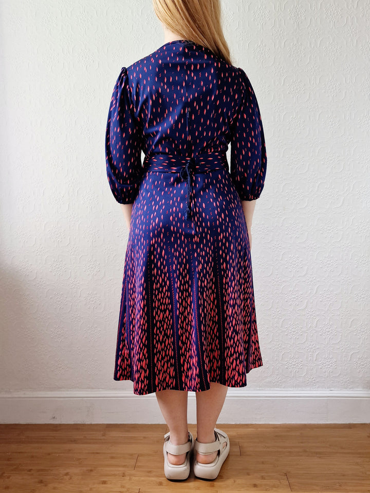 Vintage 70s Navy Blue Midi Dress with Puff Sleeves - S/M