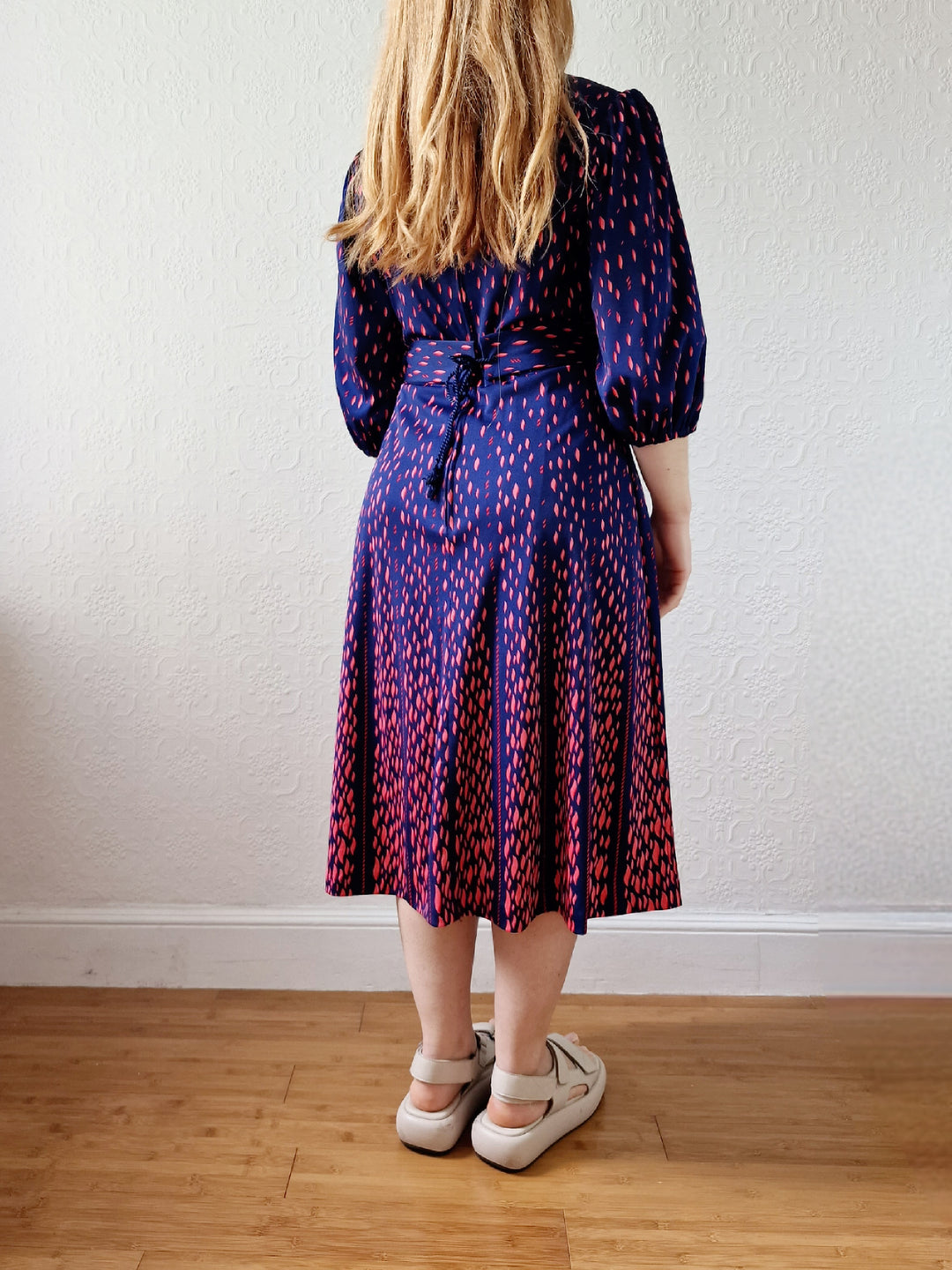 Vintage 70s Navy Blue Midi Dress with Puff Sleeves - S/M